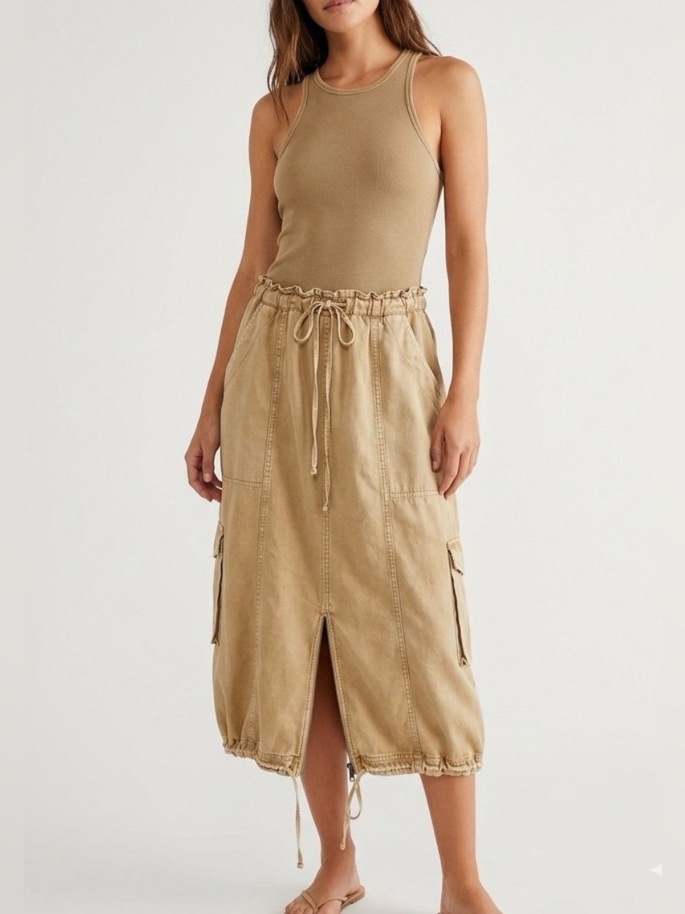 Daily Practice Anthropologie Twofer Midi Dress Tan Moss Utility Chic Size XS